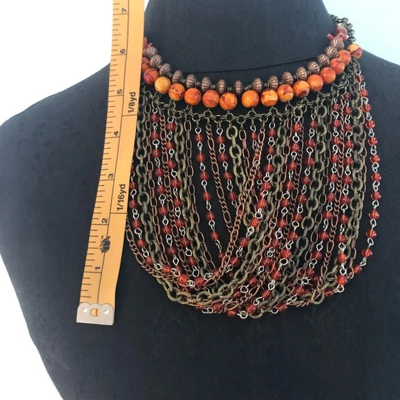 Vintage chain and bead yoke necklace orange gold - Picture 3 of 5